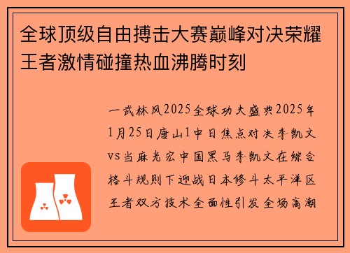 全球顶级自由搏击大赛巅峰对决荣耀王者激情碰撞热血沸腾时刻